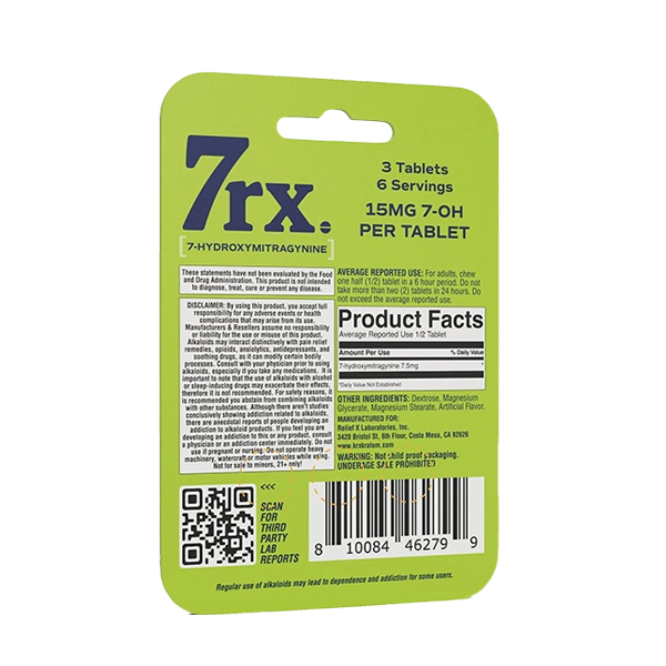 Close-up of 7RX Chewable 7-Hydroxymitragynine Tablets, 15mg per tablet