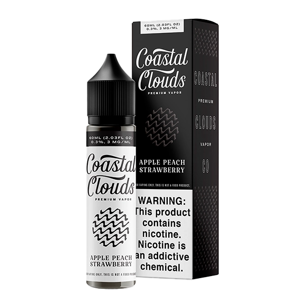 Coastal Clouds Apple Peach Strawberry 60ml e-liquid bottle featuring a blend of sweet apples, juicy peaches, and sun-kissed strawberries.