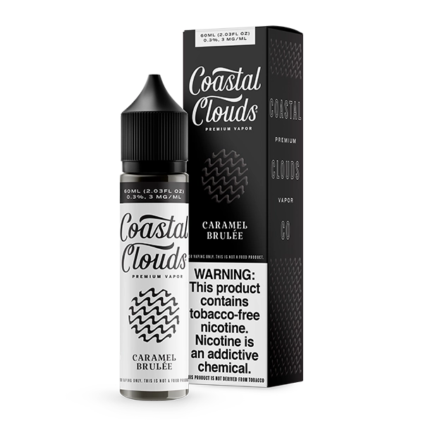 Coastal Clouds Caramel Brulee 60mL e-liquid bottle featuring a blend of sweet caramel and creamy custard.