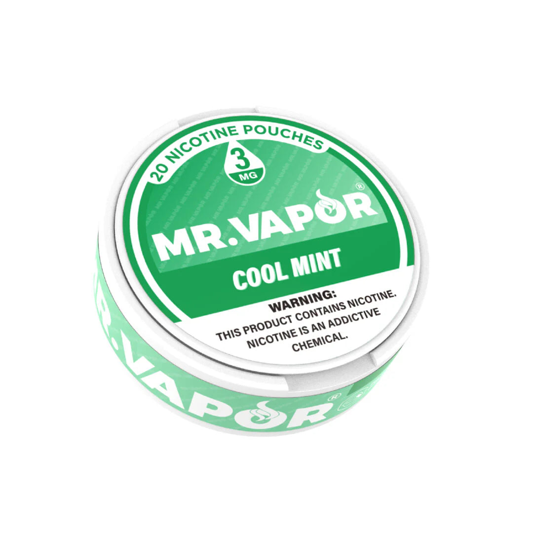 Mr. Vapor Nicotine Pouches - Cool Mint flavor, 20 pouches per can. Tobacco-free, smokeless, and perfect for discreet nicotine enjoyment.