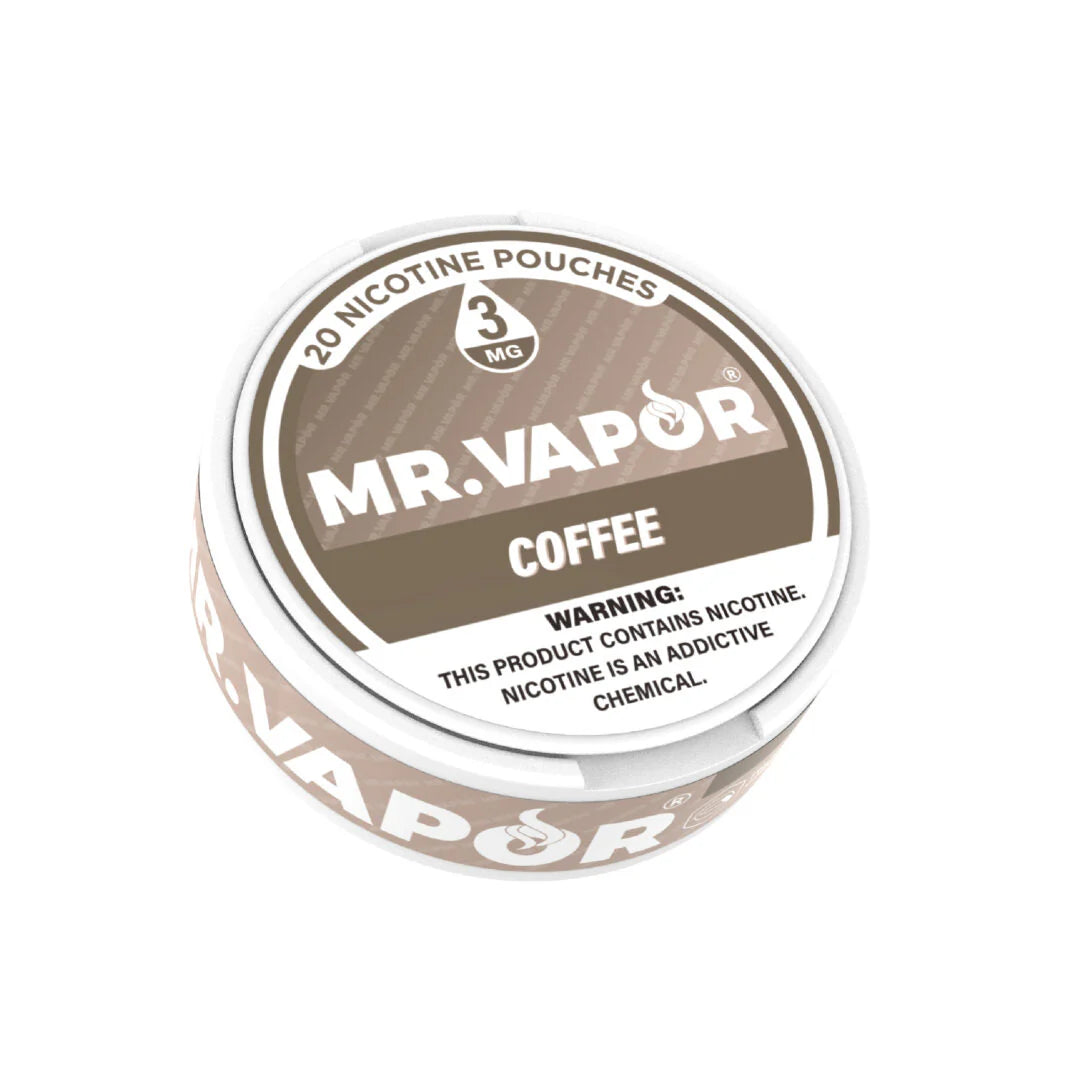 Mr. Vapor Nicotine Pouches - Coffee flavor, 20 pouches per can. Smokeless, tobacco-free, and packed with bold coffee taste.