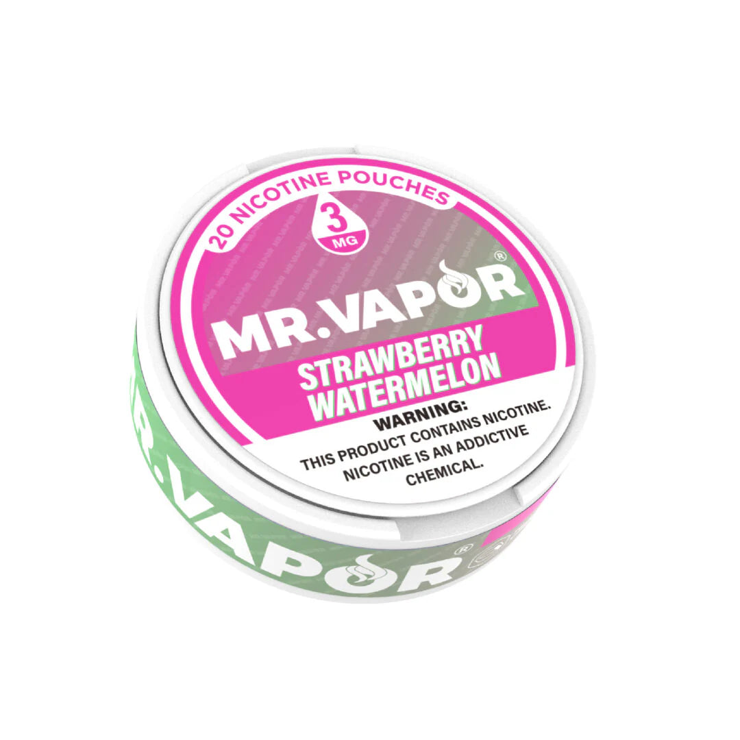 Mr. Vapor Nicotine Pouches - Strawberry Watermelon flavor, 20 pouches per can. Smokeless, tobacco-free, and packed with sweet fruity taste.