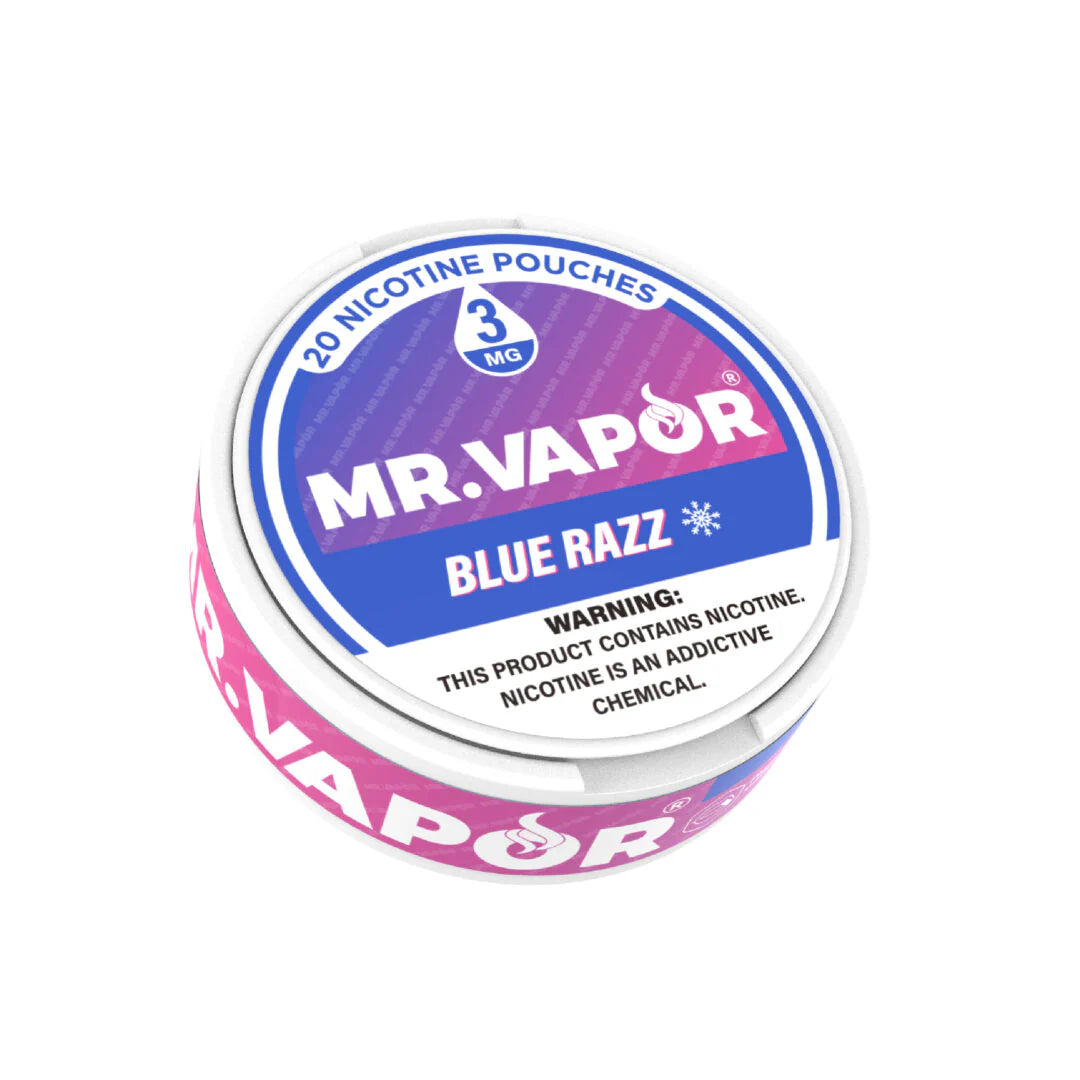 Mr. Vapor Nicotine Pouches - Blue Razz flavor, 20 pouches per can. Smokeless, tobacco-free, and packed with vibrant blue raspberry taste.