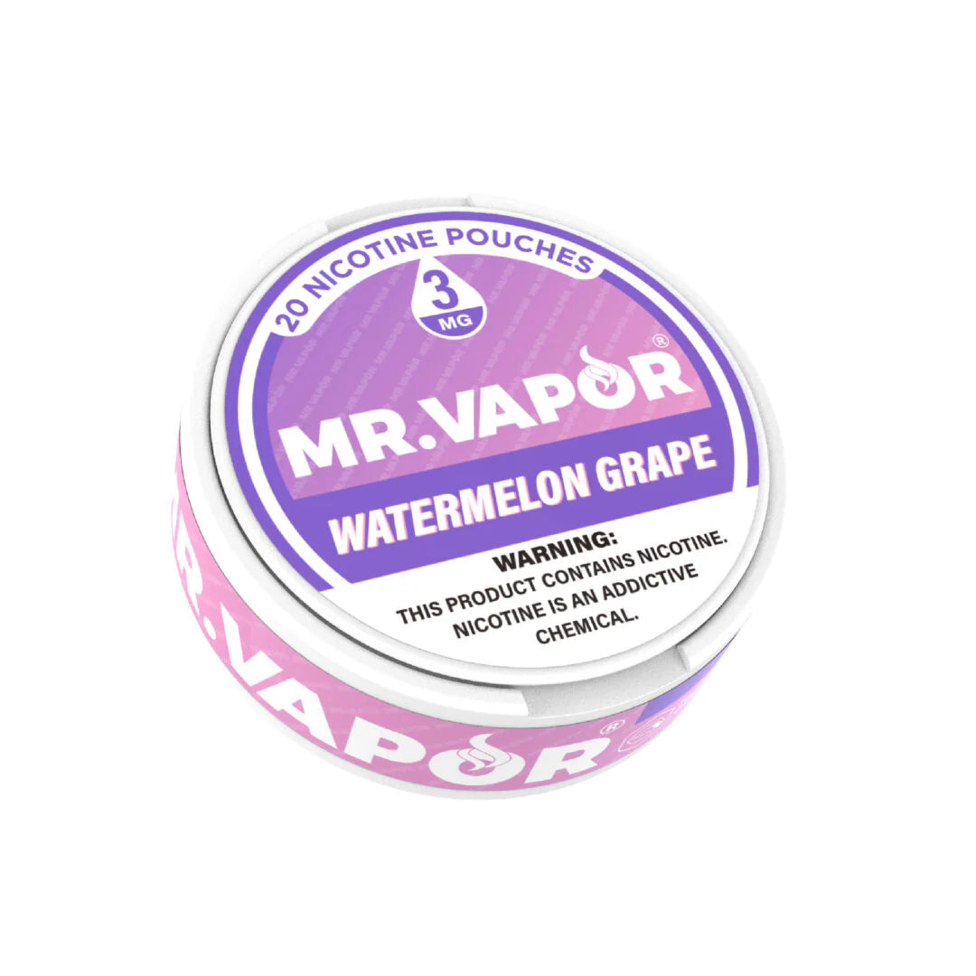 Mr. Vapor Nicotine Pouches - Watermelon Grape flavor, 20 pouches per can. Smokeless, tobacco-free, and offering a fruity watermelon-grape fusion.