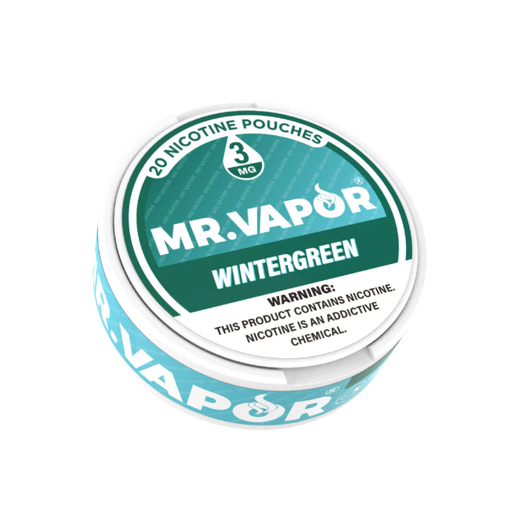 Mr. Vapor Nicotine Pouches - Wintergreen flavor, 20 pouches per can. Smokeless, tobacco-free, and discreet nicotine alternative with refreshing taste.