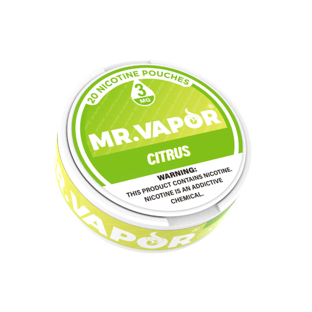 Mr. Vapor Nicotine Pouches - Citrus flavor, 20 pouches per can. Smokeless, tobacco-free, and perfect for a refreshing nicotine experience.