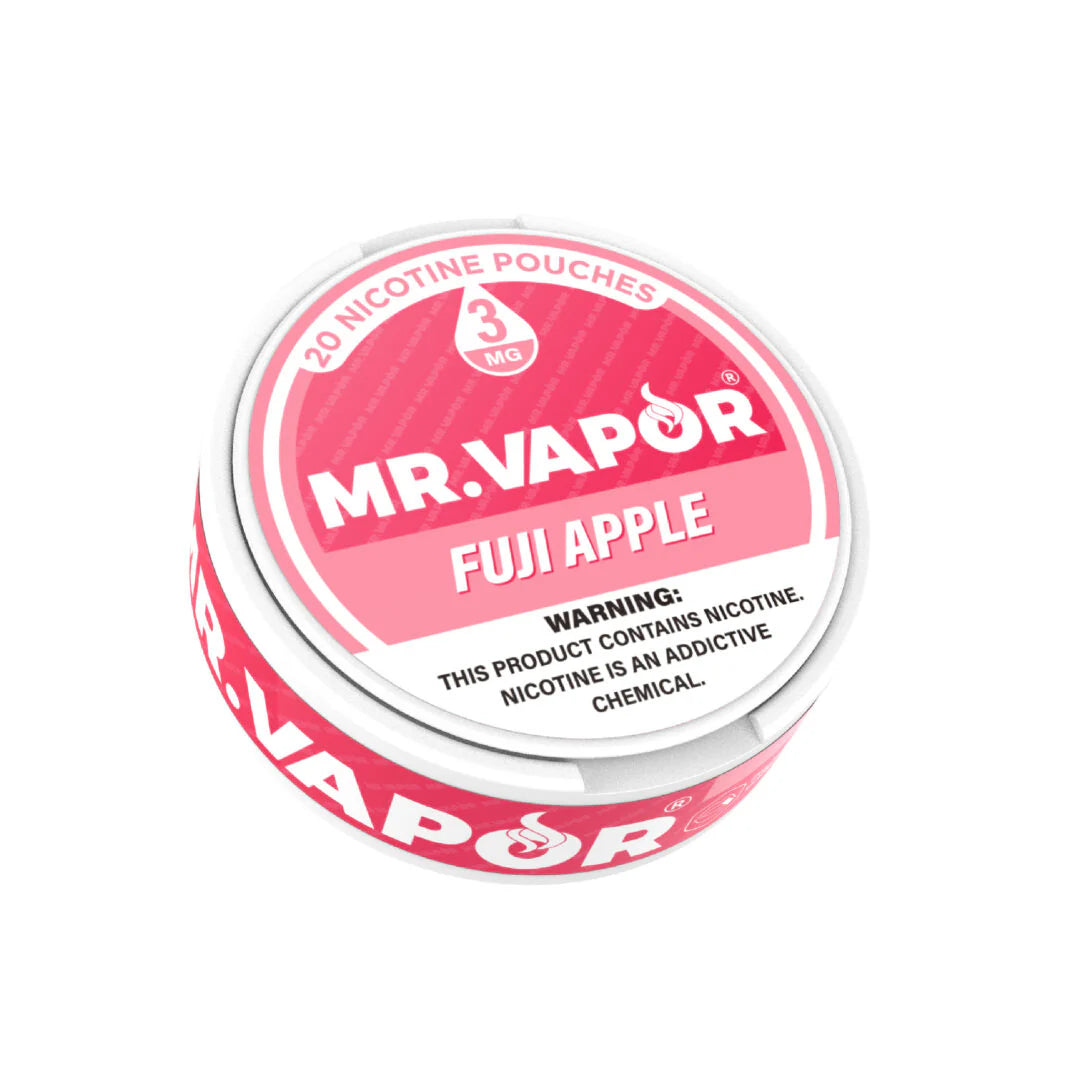 Mr. Vapor Nicotine Pouches - Fuji Apple flavor, 20 pouches per can. Smokeless, tobacco-free, and bursting with crisp Fuji apple taste.