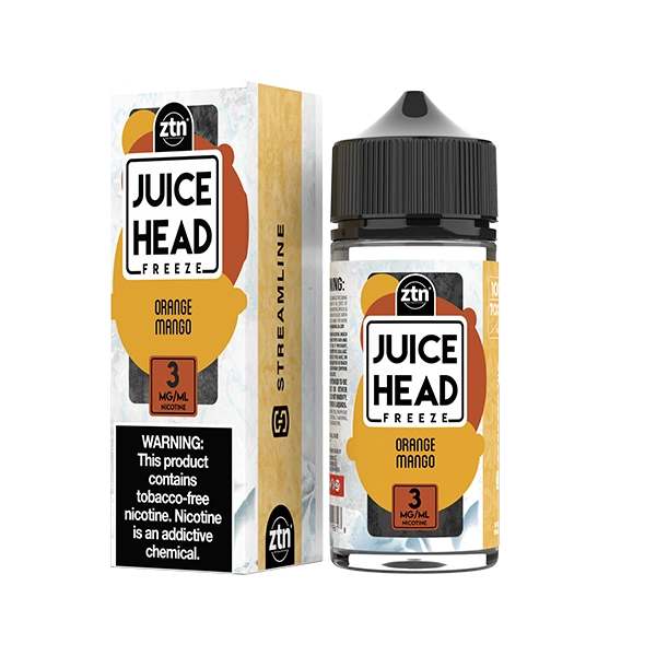 Juice Head Freeze Orange Mango e-liquid, a refreshing mix of mango and orange with a menthol twist.