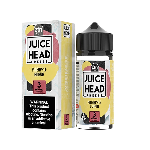 Juice Head Freeze Pineapple Guava e-liquid, a cool tropical blend in a 100mL bottle.