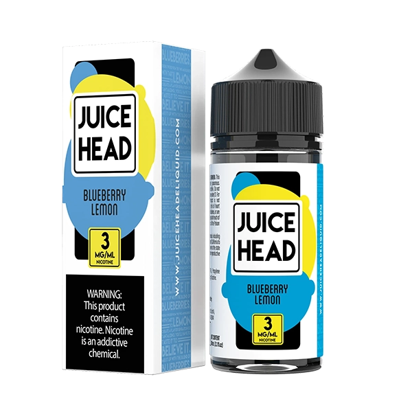 Juice Head Blueberry Lemon e-liquid bottle against a backdrop of fresh blueberries and lemons.