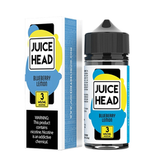 Juice Head Blueberry Lemon e-liquid bottle against a backdrop of fresh blueberries and lemons.