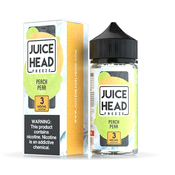 Juice Head Freeze Peach Pear e-liquid, a blend of peach and pear with a menthol chill in a 100ml bottle.