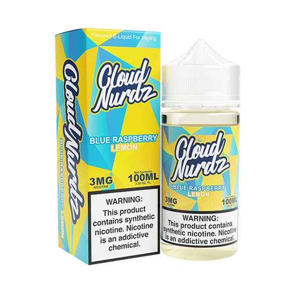 Bottle of Cloud Nurdz - Blue Raspberry Lemon 100mL E-Liquid with blue raspberries and lemons