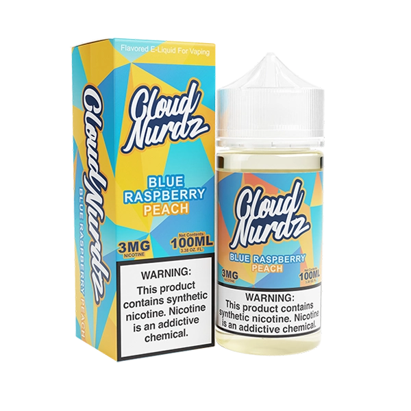 Bottle of Cloud Nurdz - Blue Raspberry Peach 100mL E-Liquid with blue raspberries and peaches