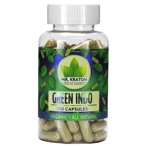 Mr. Kratom 100 Capsules – Green Indo Strain. A versatile kratom strain offering moderate energy, focus, and relaxation benefits.