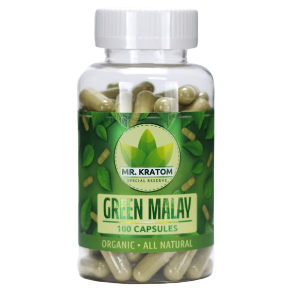 Mr. Kratom 100 Capsules – Green Malay Strain. A long-lasting kratom strain known for mood enhancement and steady energy.