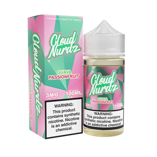 Bottle of Cloud Nurdz - Guava Passionfruit 100mL E-Liquid with guavas and passionfruits