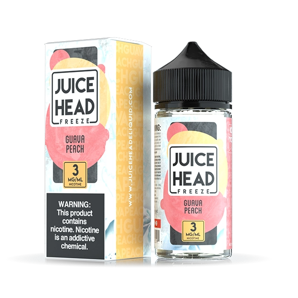 Juice Head Freeze Guava Peach e-liquid, a tropical and sweet menthol flavor fusion.