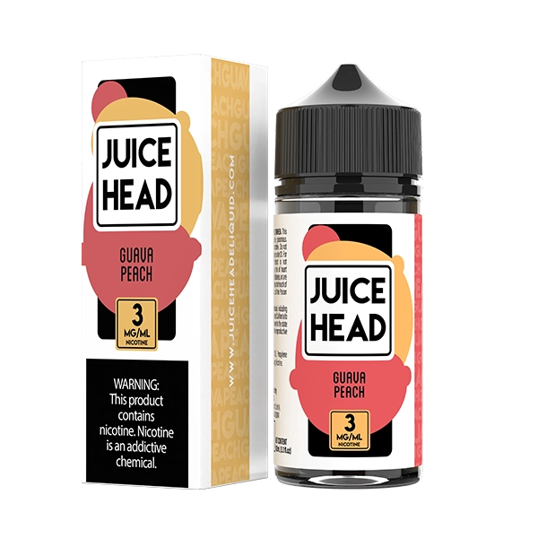 Juice Head Guava Peach e-liquid, a tropical blend of guava and peach in a 100ml bottle.