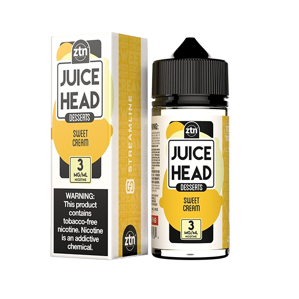 Juice Head Sweet Cream e-liquid, a smooth and rich vanilla cream flavor.