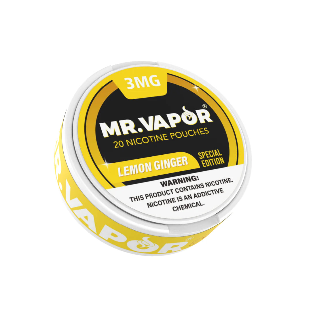 Mr. Vapor Nicotine Pouches - Lemon Ginger flavor, 20 pouches per can. Smokeless, tobacco-free, and offering a refreshing citrus and spice experience.