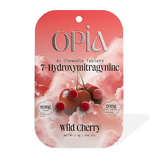 Opia 7-Hydroxy Kratom 80mg Tablets (4ct) – Wild Cherry flavor. Bold and fruity kratom tablets packed with 80mg of 7-hydroxymitragynine for a powerful, enjoyable experience.