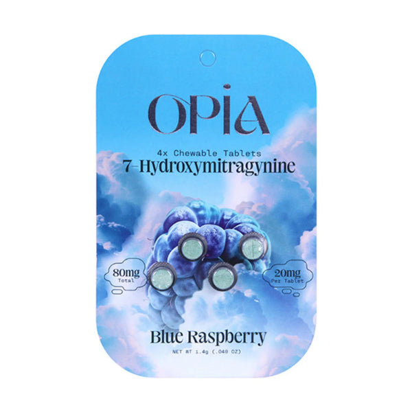 Opia 7-Hydroxy Kratom 80mg Tablets (4ct) – Blue Raspberry flavor. Powerful kratom tablets with 80mg of 7-hydroxymitragynine for relief and a smooth berry taste.