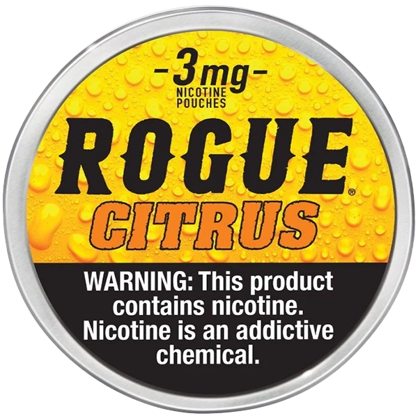 Rogue Nicotine Pouches - Citrus flavor in a sleek, discreet container.