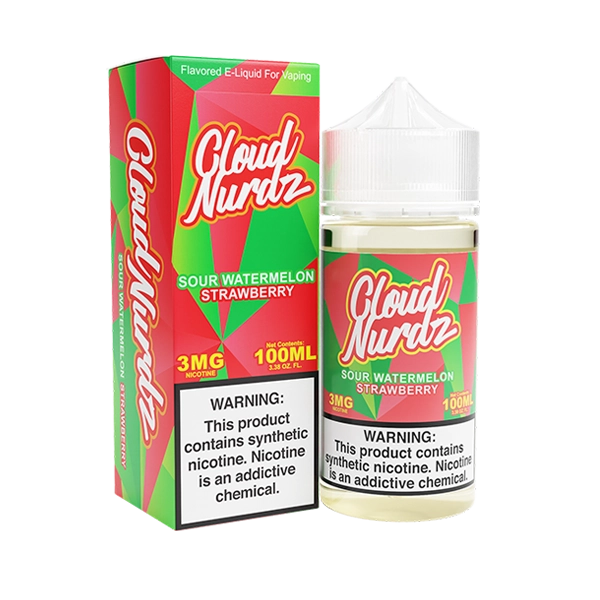 Bottle of Cloud Nurdz - Sour Watermelon Strawberry 100mL E-Liquid with watermelons and strawberries