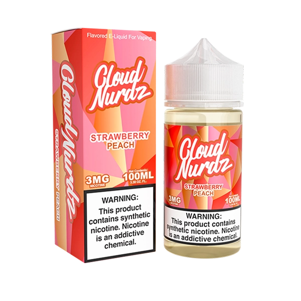 Bottle of Cloud Nurdz - Strawberry Peach 100mL E-Liquid with strawberries and peaches