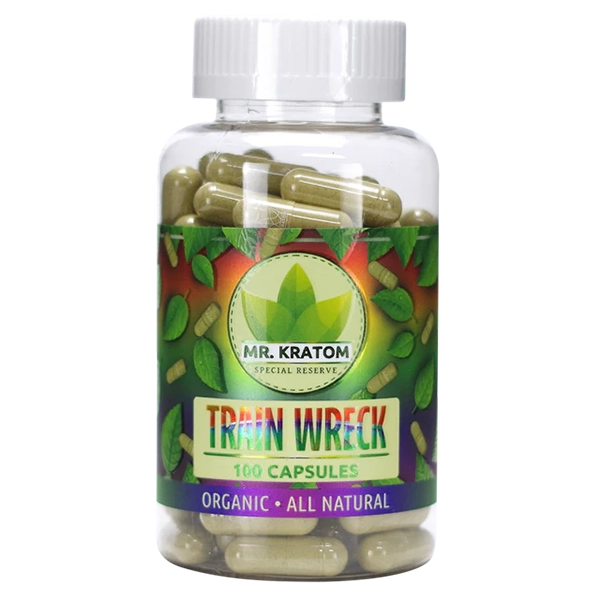 Mr. Kratom 100 Capsules – Trainwreck Strain. A powerful full-spectrum kratom blend for balanced energy, relief, and relaxation.