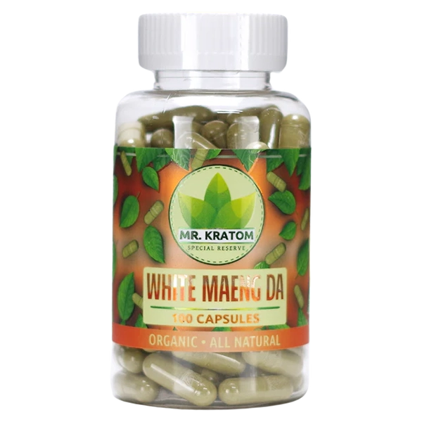 Mr. Kratom 100 Capsules – White Maeng Da Strain. A high-energy kratom strain for focus, motivation, and productivity.