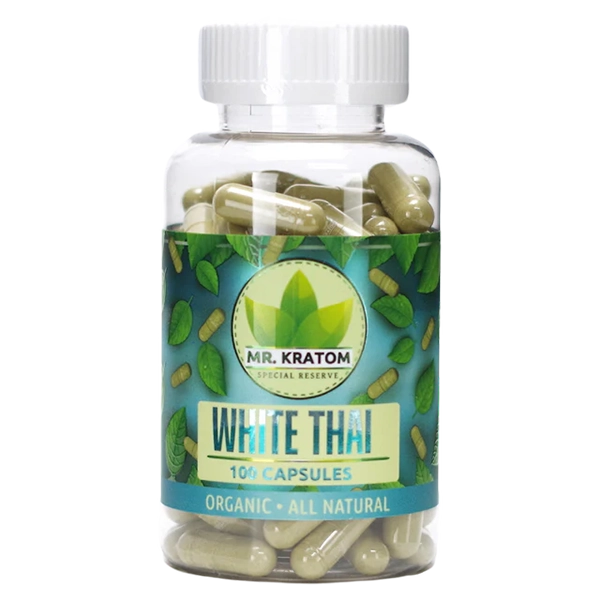 Mr. Kratom 100 Capsules – White Thai Strain. A stimulating kratom strain known for boosting energy, alertness, and mood.