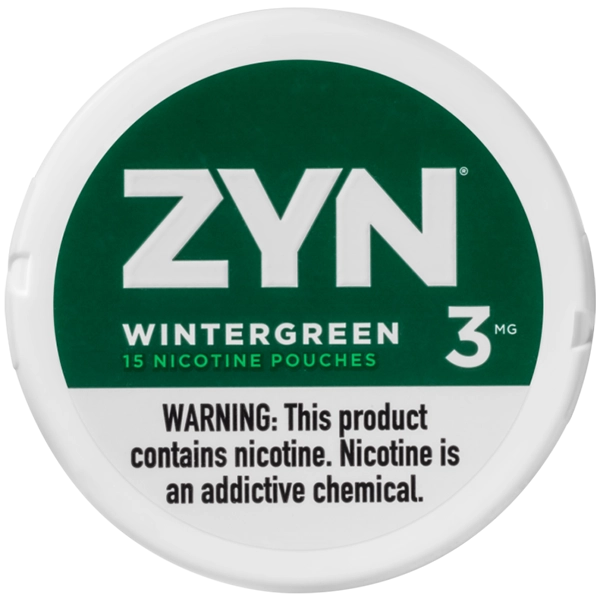 Image of a pack of ZYN Wintergreen Nicotine Pouches with the label showing ‘Wintergreen’ flavor and ‘30ml’ size.