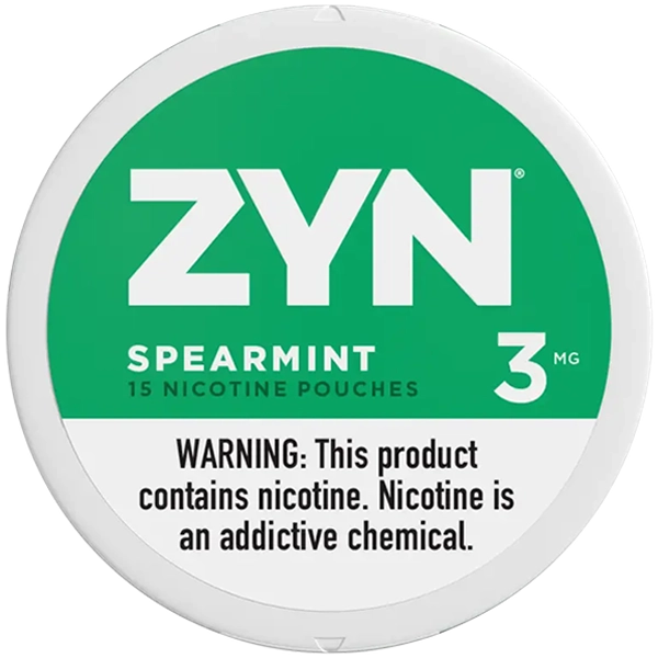 Image of a pack of ZYN Spearmint Nicotine Pouches with the label showing ‘Spearmint’ flavor and ‘30ml’ size.