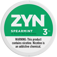 Image of a pack of ZYN Spearmint Nicotine Pouches with the label showing ‘Spearmint’ flavor and ‘30ml’ size.